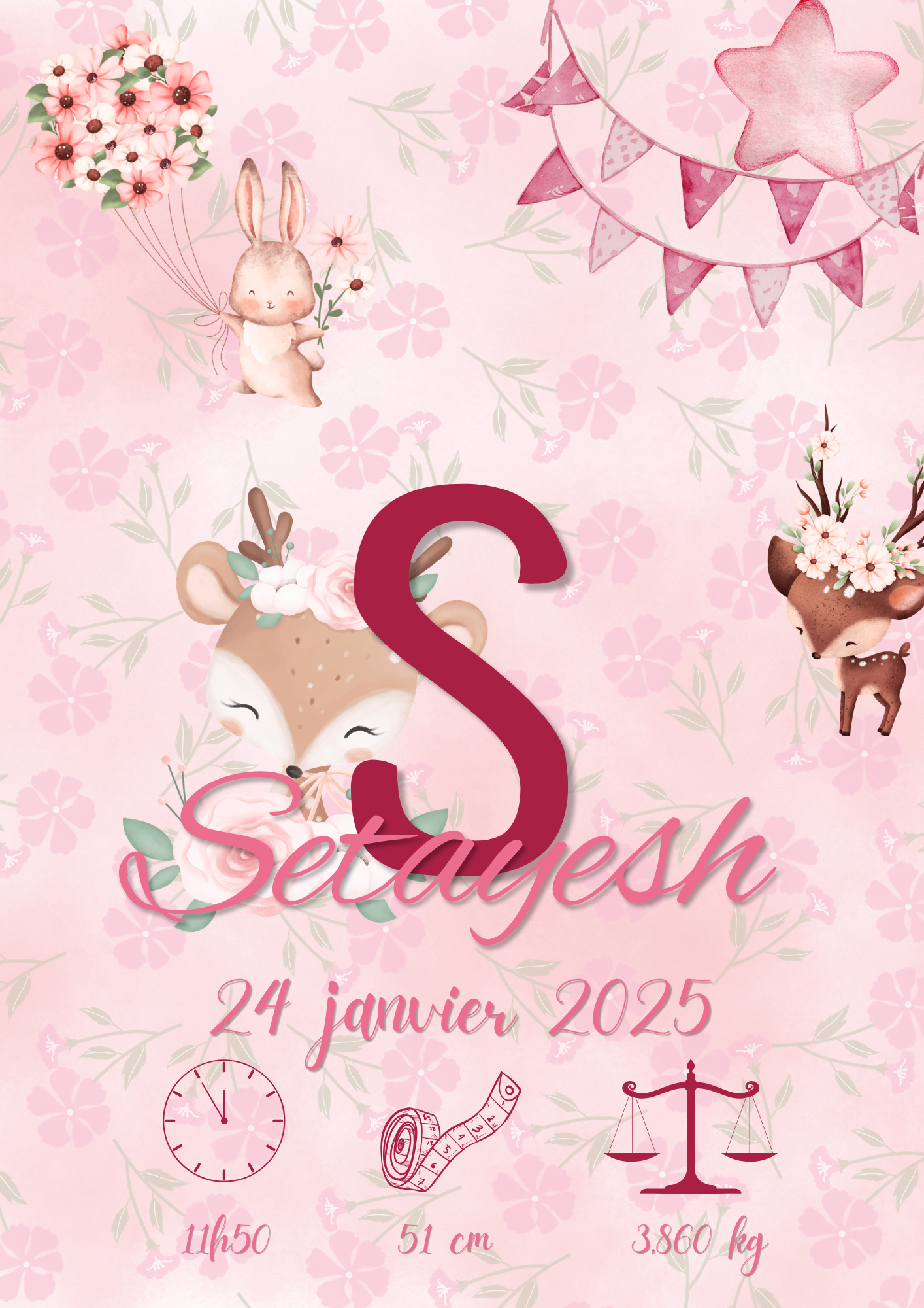 Affiche naissance personnalisée Biche fleurie – Poster naissance fille – Décoration chambre bébé