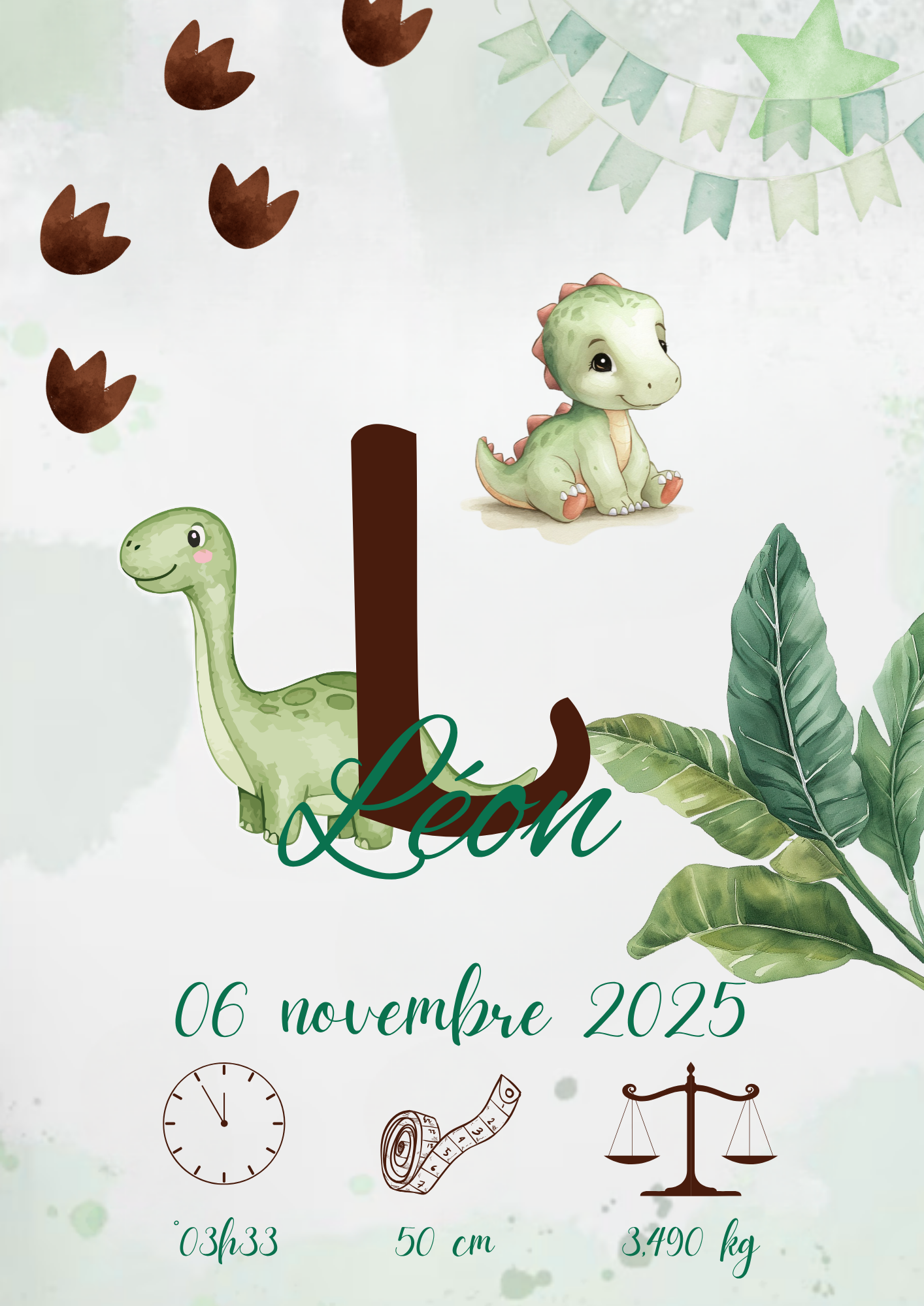Affiche naissance personnalisée Dinosaure – Poster naissance bébé