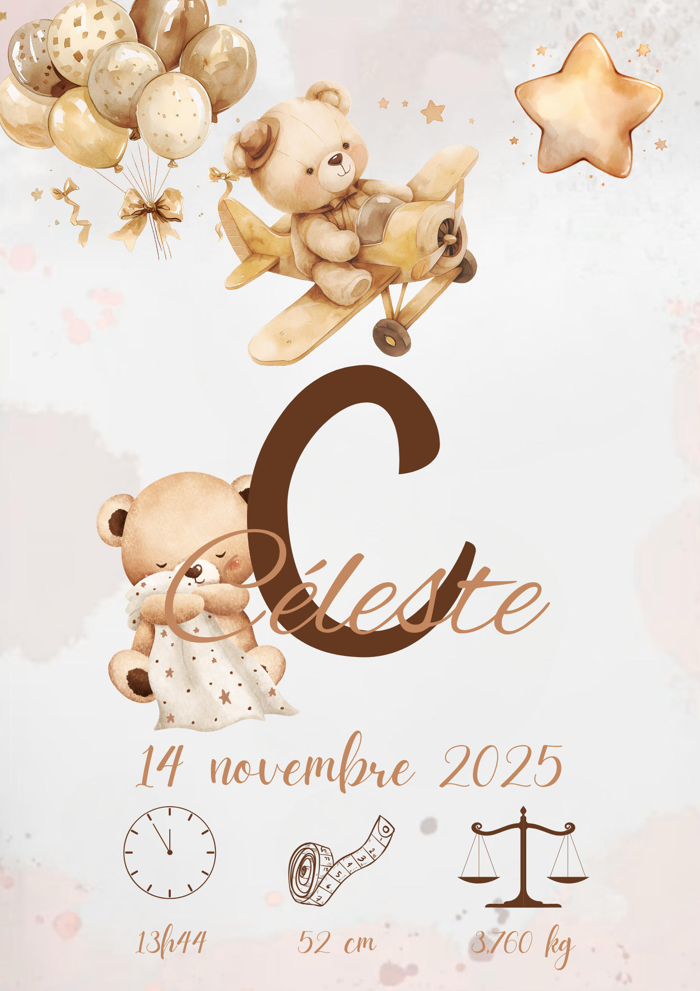 Affiche naissance personnalisée Ourson – Avion – Poster naissance bébé